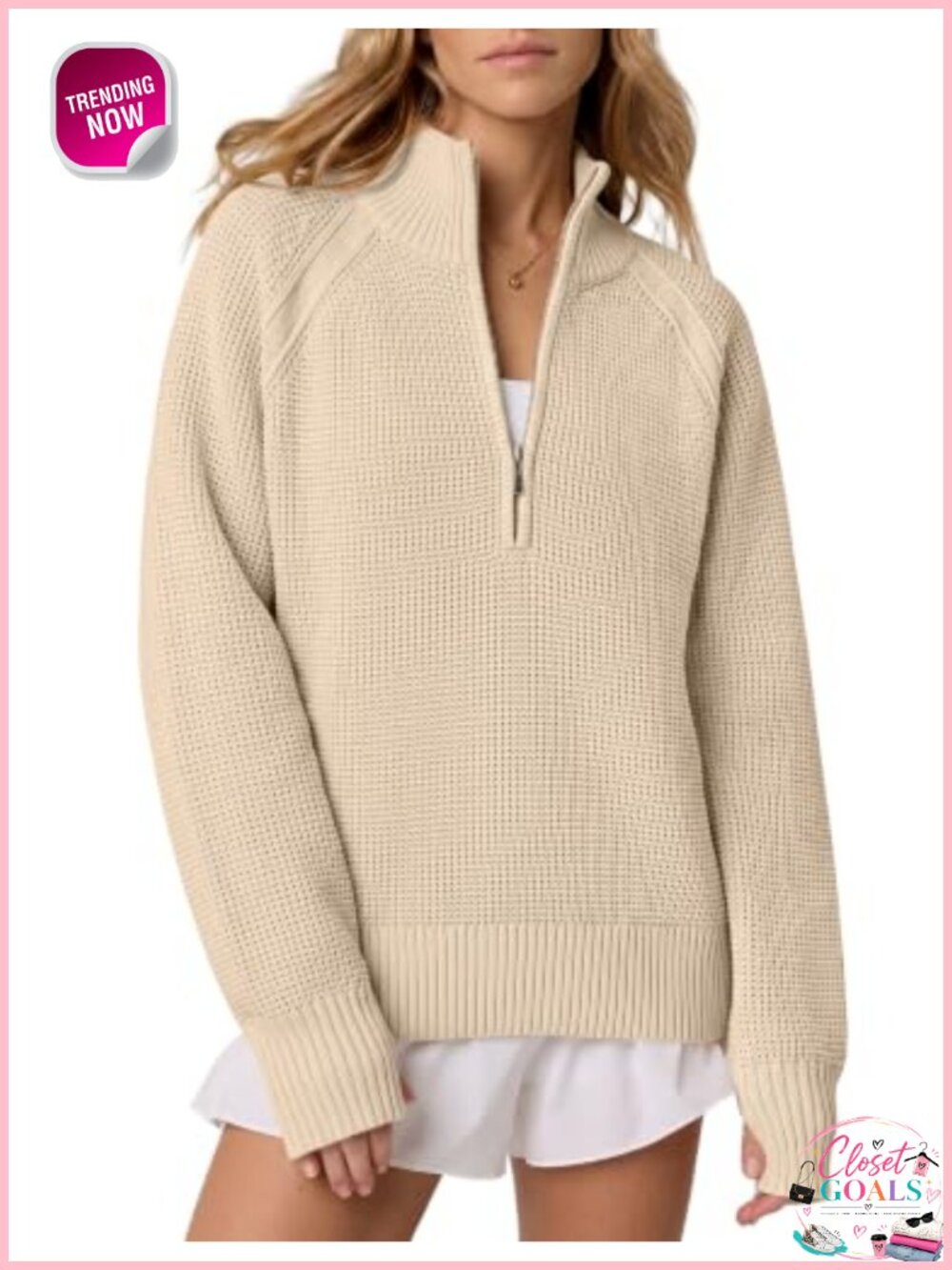 Quarter Zip Pullover Sweater Waffle Knit Thumb Hole Fall Layer